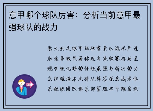 意甲哪个球队厉害：分析当前意甲最强球队的战力